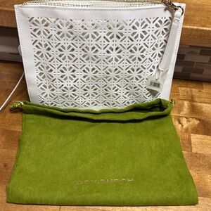 Tory Burch White Laser Cut Clutch with Green Dust Bag